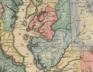 1823 map of Maryland; Tubman was born and raised in the Choptank River region of Dorchester and Caroline Counties